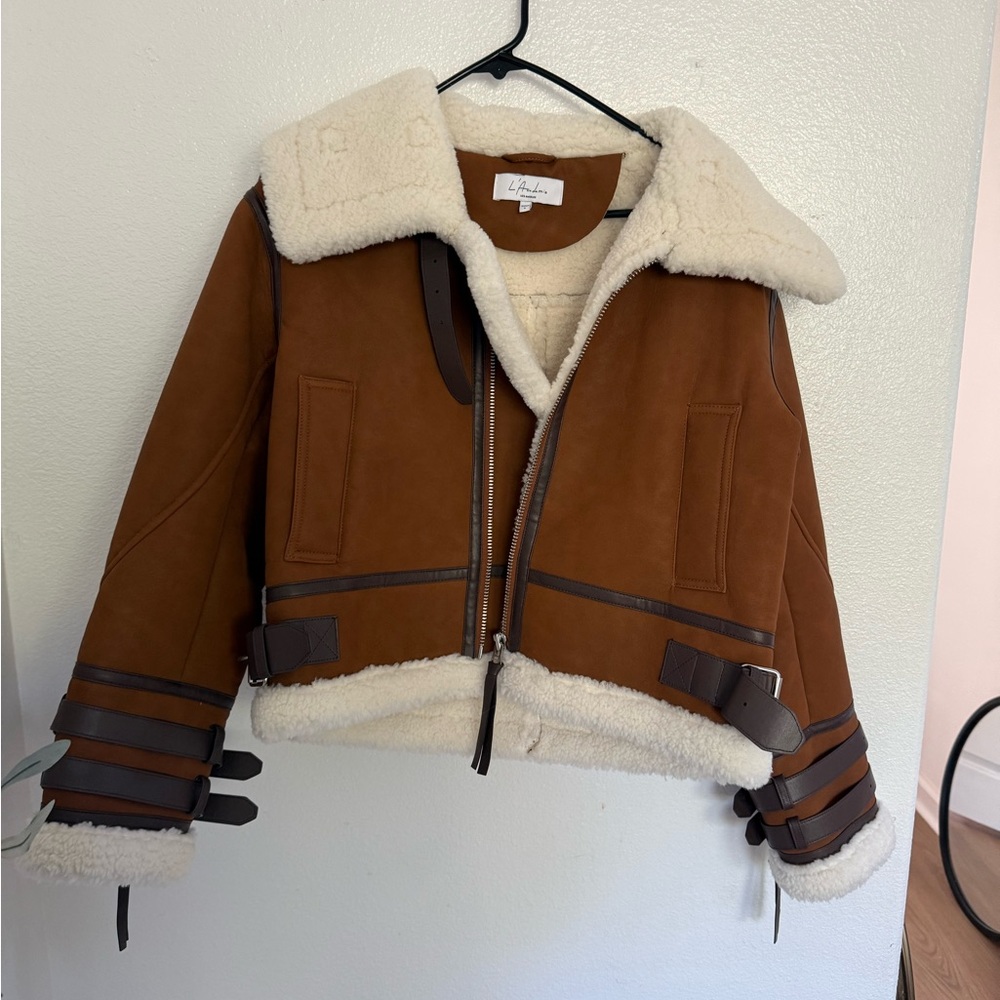 L'Academie Brown and Cream Teddy Shearling Jacket